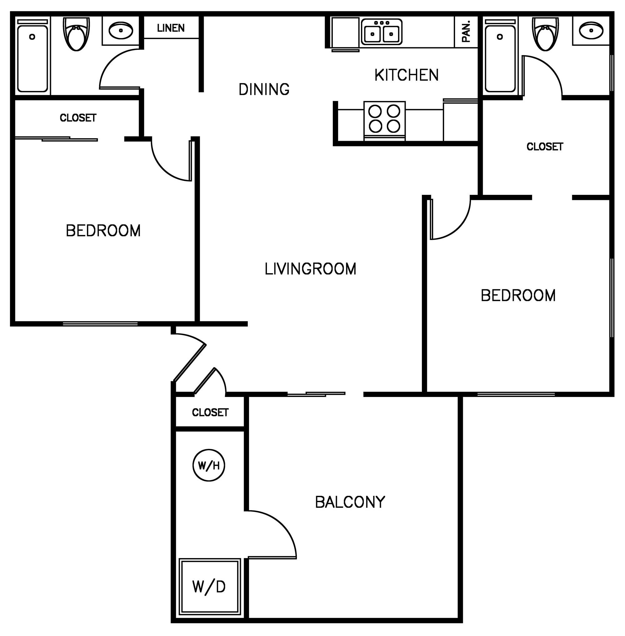 2 Bedroom 2 Bath Floorplan