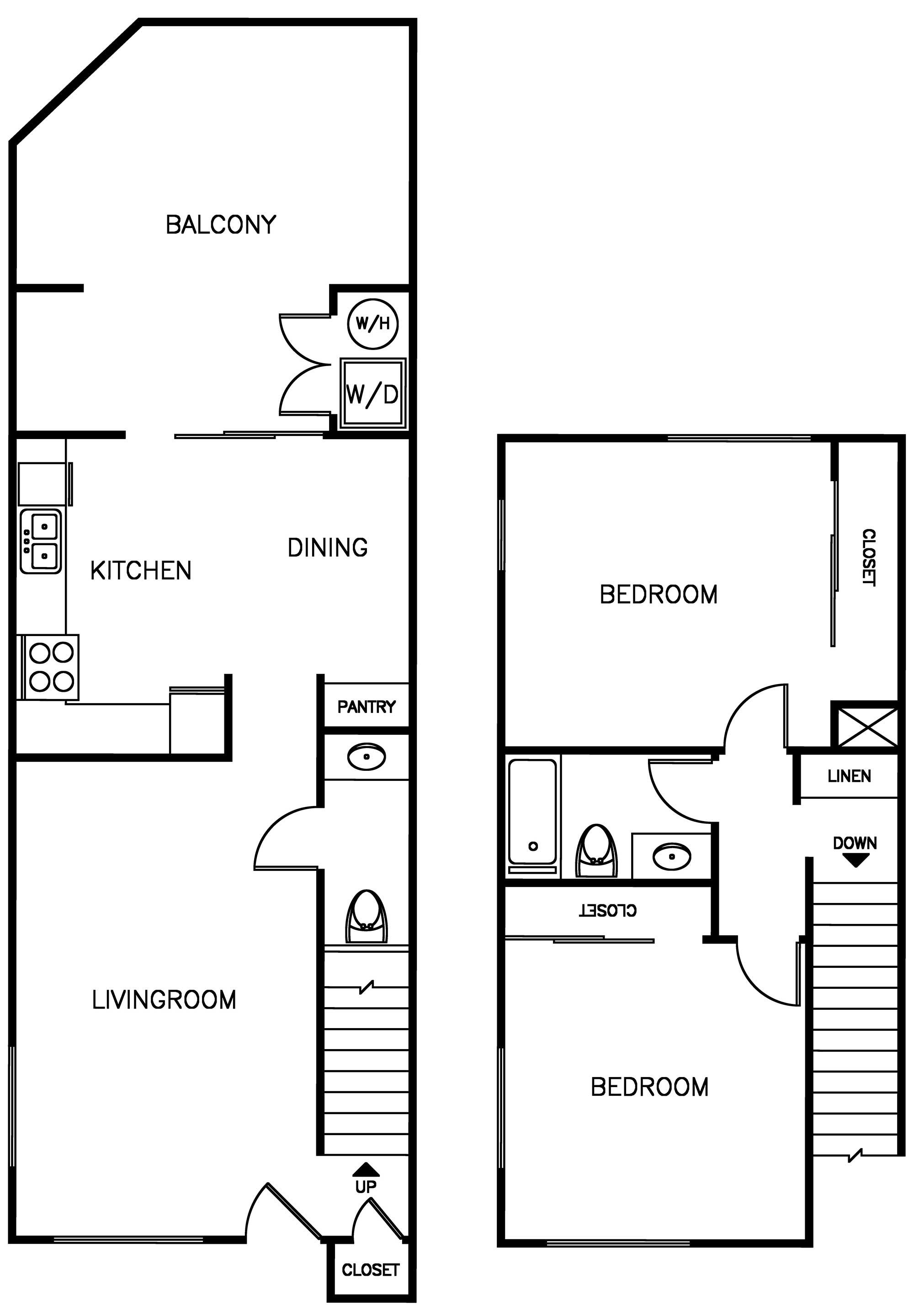 2 Bedroom 2 Bath Townhome Floorplan